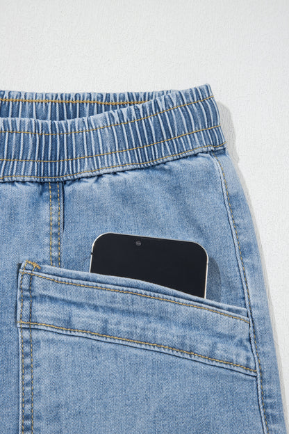Light Wash Drawstring Wide Leg Jeans – High Rise Patch Pocket Denim