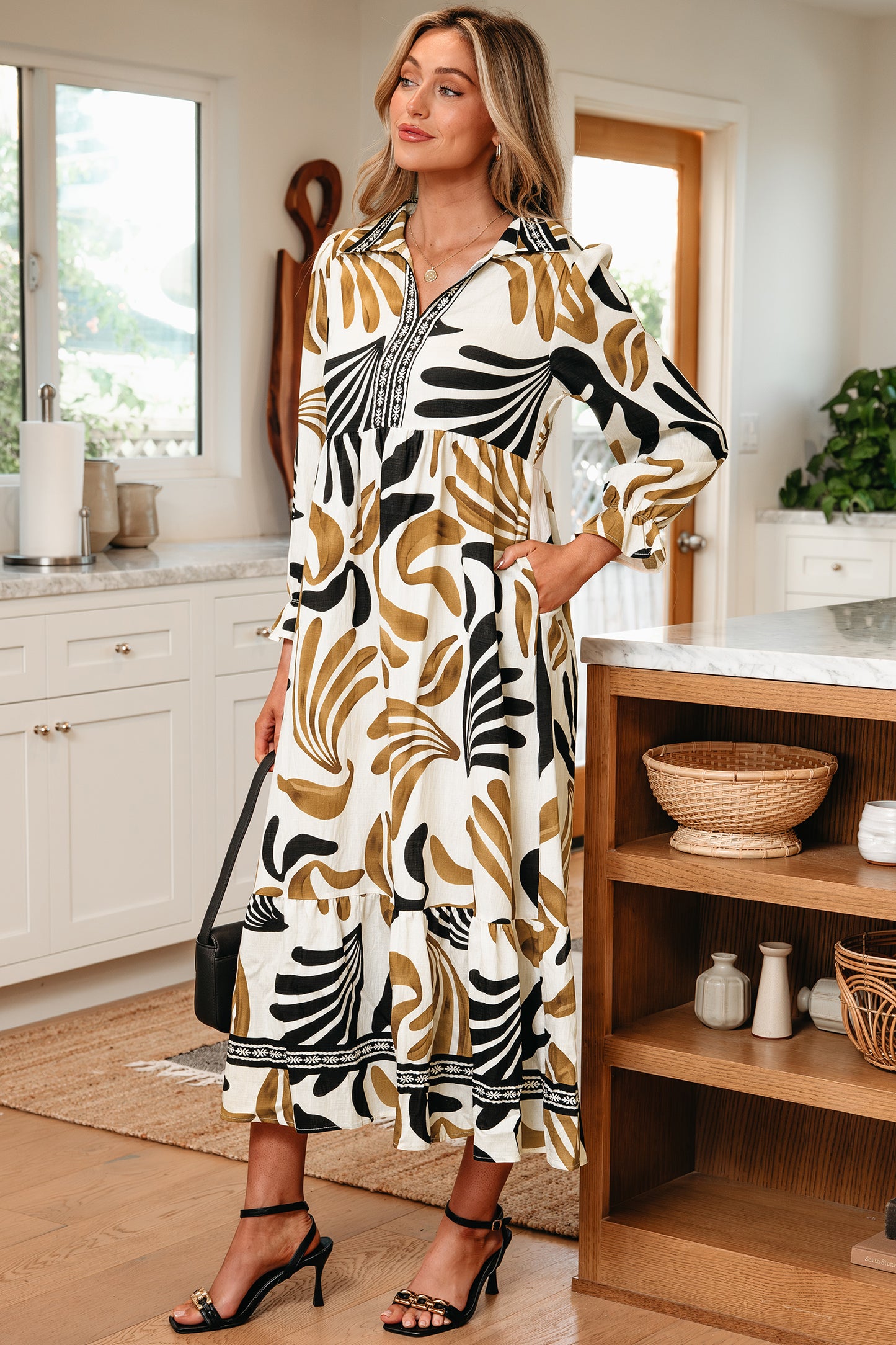 Brown Abstract Leaf Print Long Sleeve Ruffle Maxi Dress
