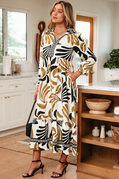 Brown Abstract Leaf Print Long Sleeve Ruffle Maxi Dress
