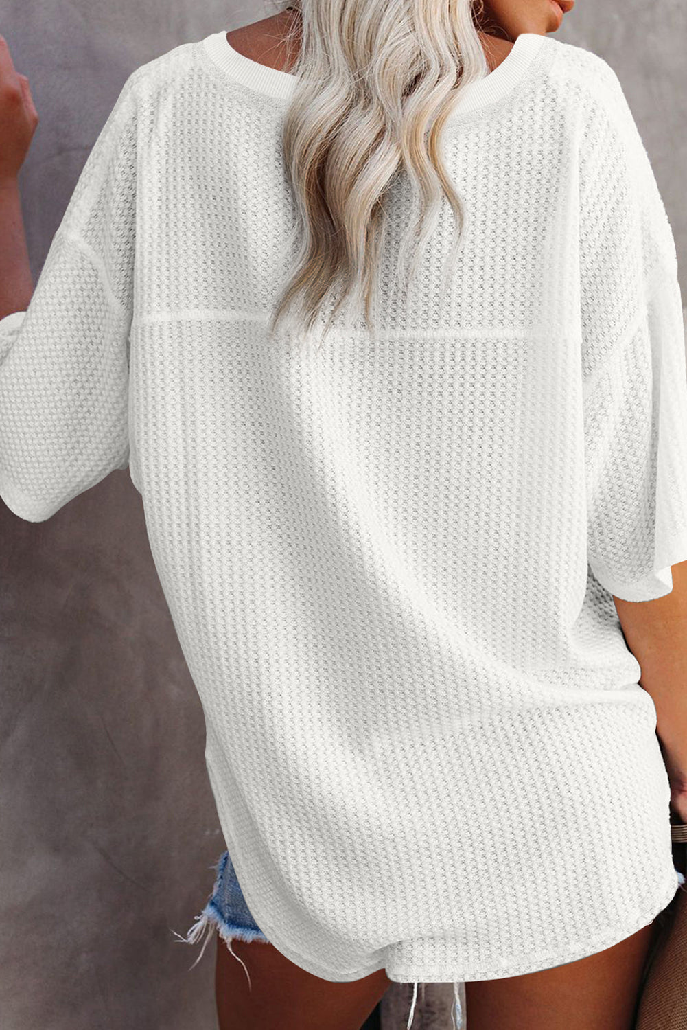 Black Waffle Knit V-Neck Loose Fit Casual Top