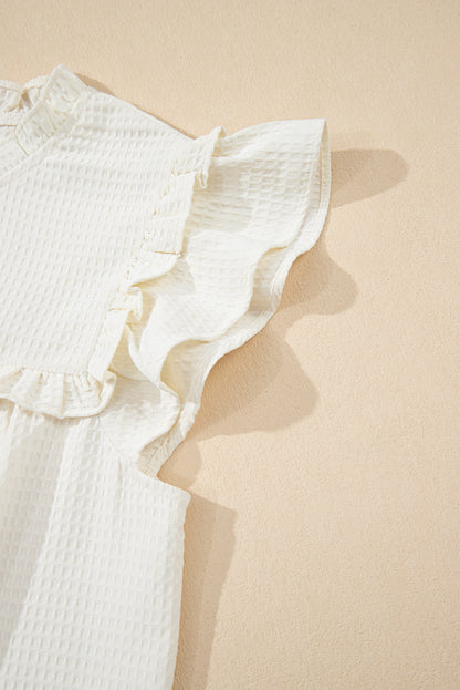 White Waffle Knit Ruffle Sleeve Blouse – Feminine Mock Neck Everyday Top