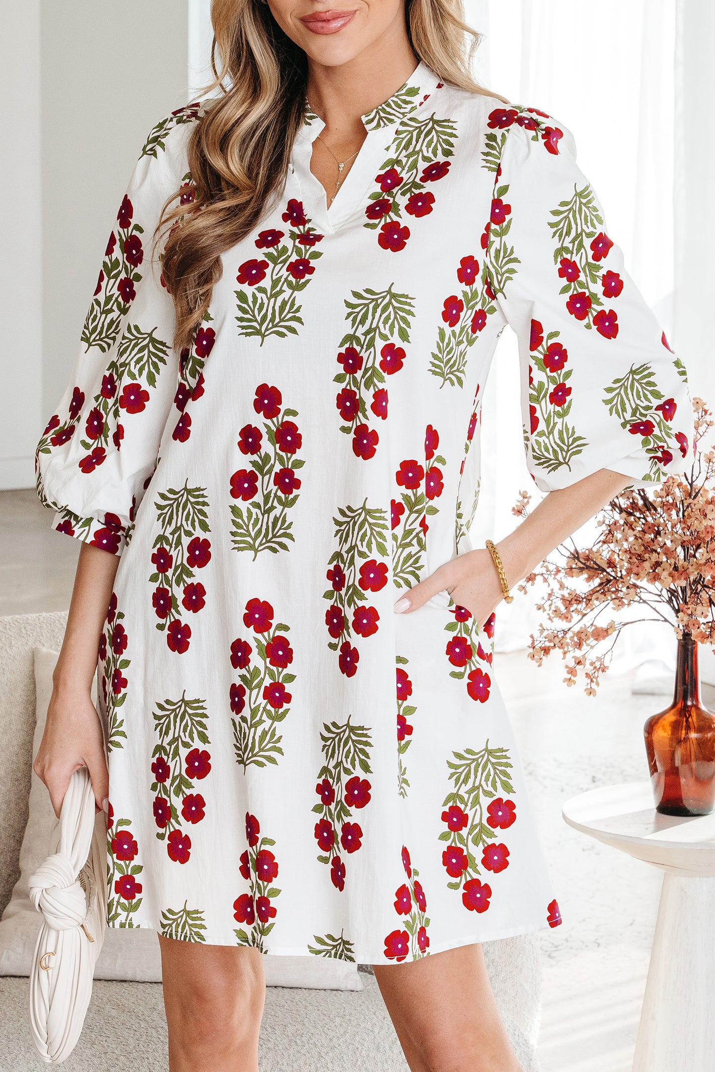 White Floral V-Neck Puff sleeves Mini Dress