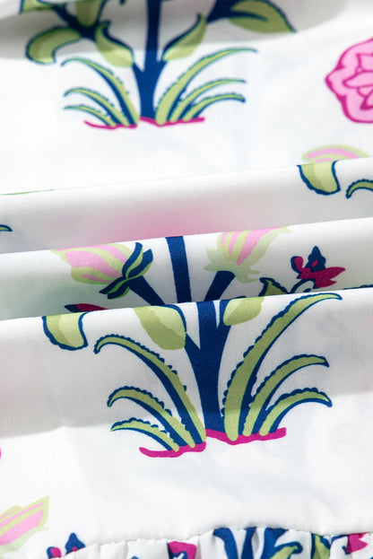 Blue Floral Puff Sleeve High Waist Maxi Dress