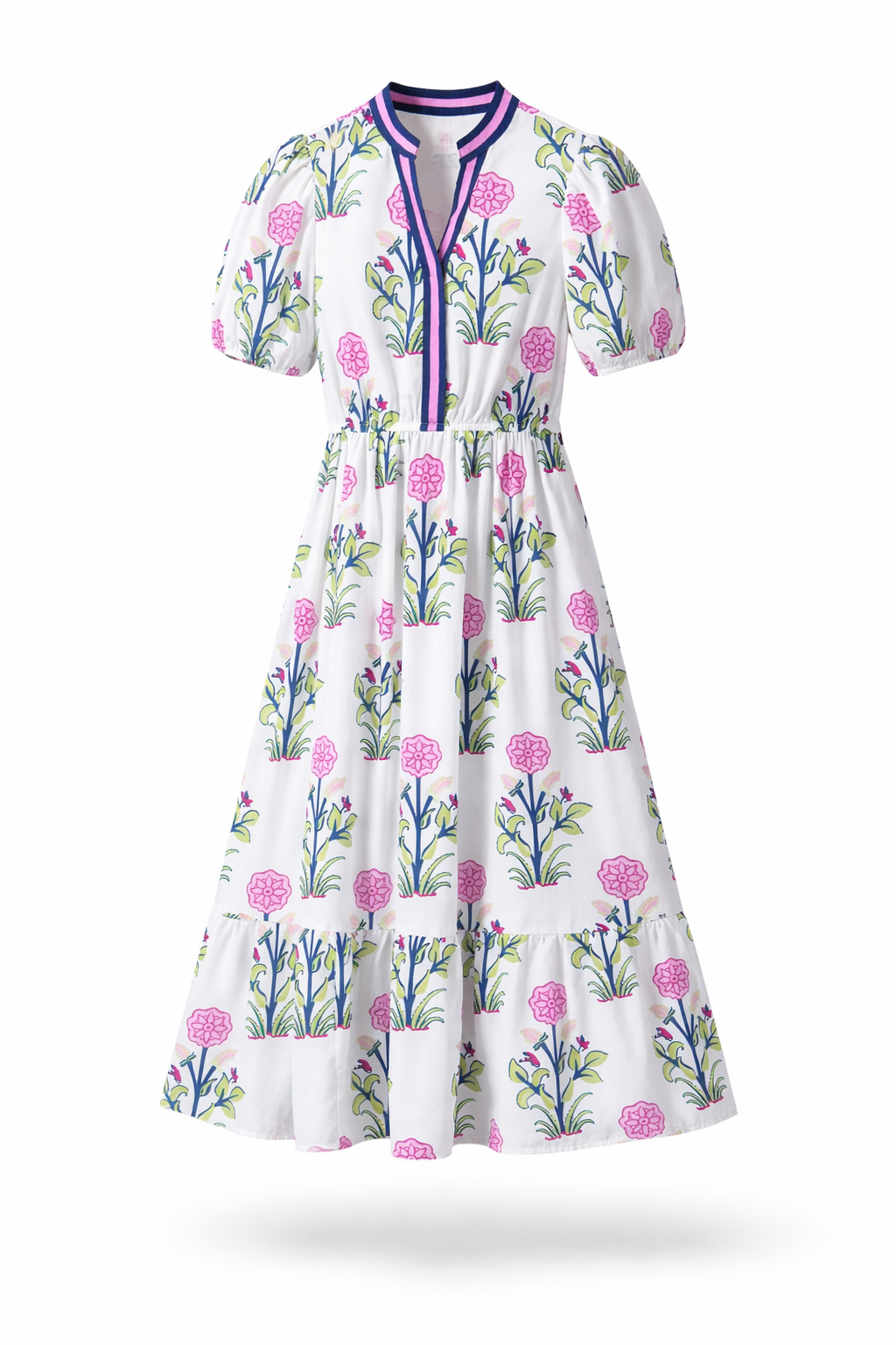 Blue Floral Puff Sleeve High Waist Maxi Dress