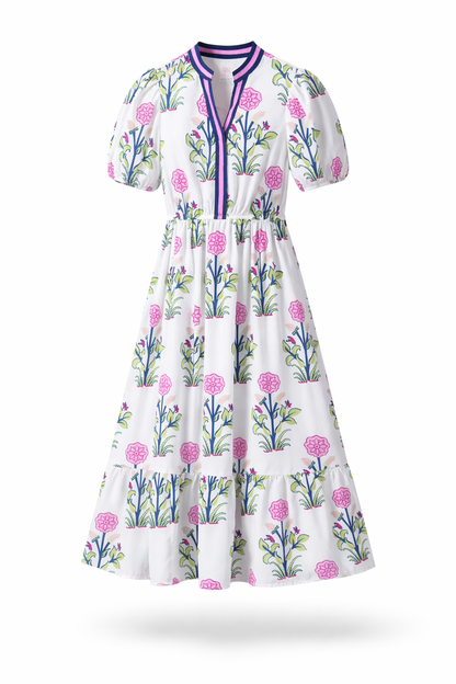 Blue Floral Puff Sleeve High Waist Maxi Dress